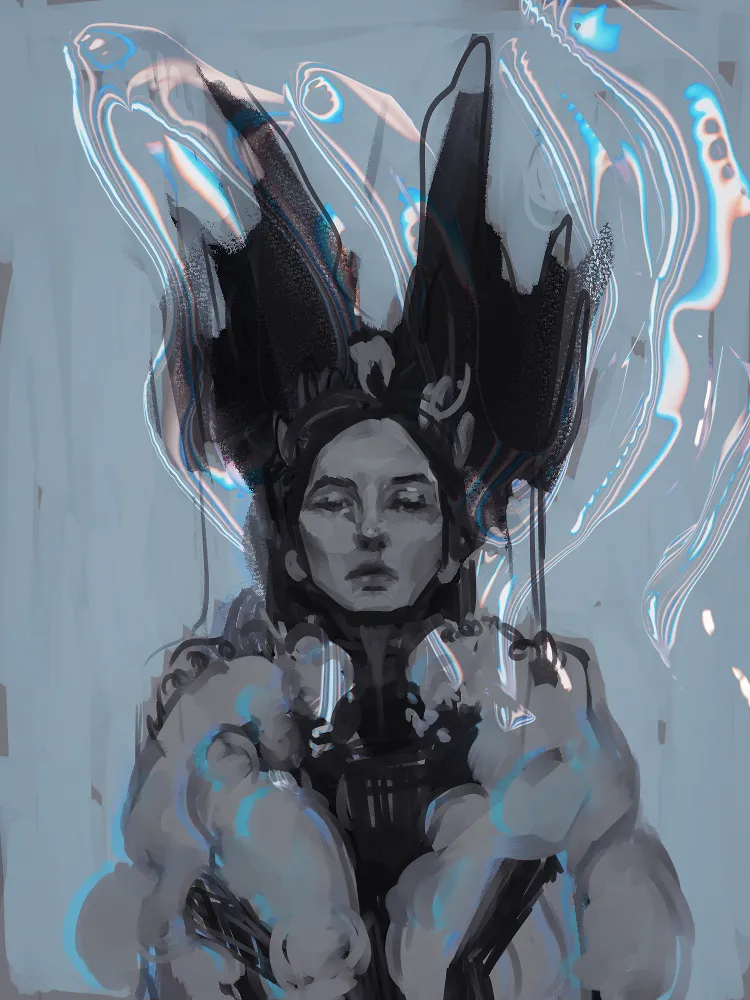 digital artwork of woman with large black horns and holographic oil spills as texture
